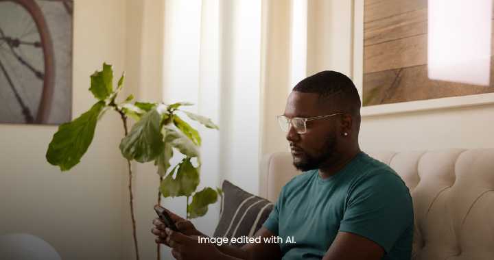 Photograph of a man wearing glasses and a teal shirt sitting on a couch while looking at his smartphone. The setting includes a large green plant and a pillow with black and white stripes, suggesting a relaxed indoor environment.